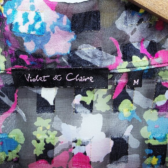 Violet & Claire Sheer Floral Blouse Button Front Collared Long Sleeve M Bright - Picture 10 of 15